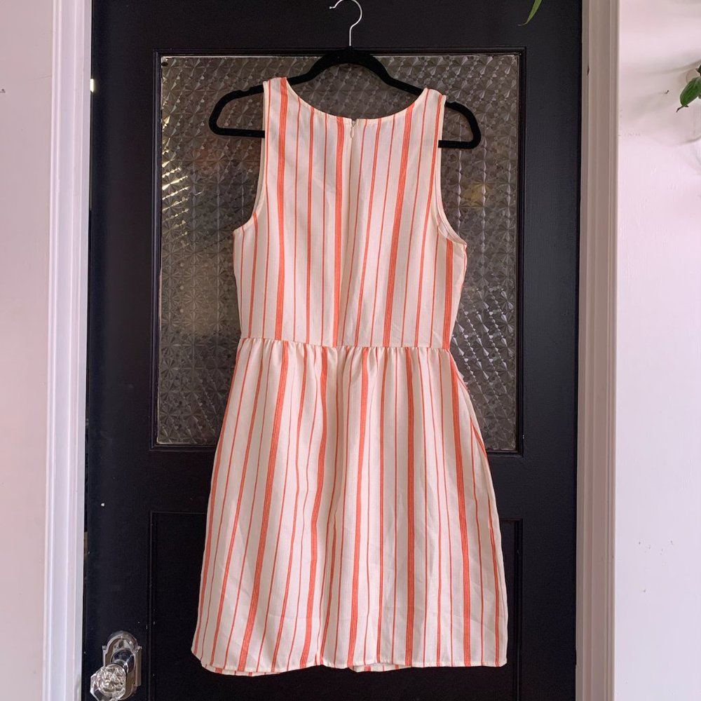 Anthropologie Everly Coral Red White Striped V Neck Sleeveless Fit & Flare Dress - Picture 2 of 6